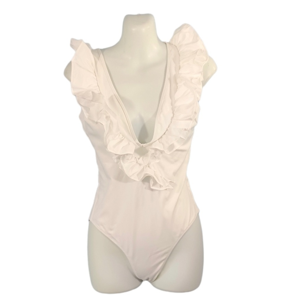 Zara NWT Swimwear White Ruffled Deep Cut One Piece Swimsuit Sz L